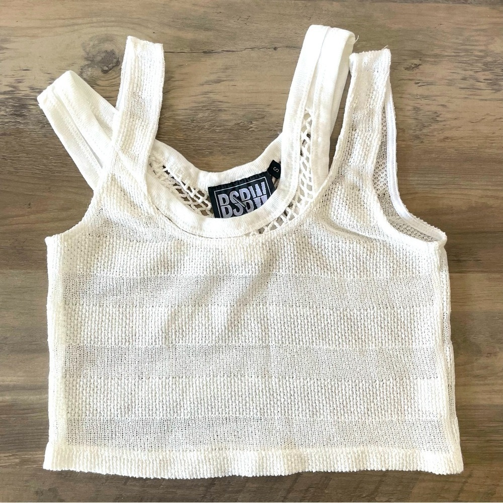 Bsbw LF Mixer White Semi Sheer Asymmetrical Knit Crop Top